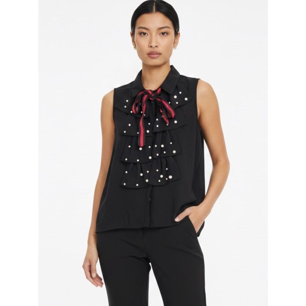 DICE | Pearl Embellished Black Sleeveless Button Down Shirt Ruffles Tie Neck L